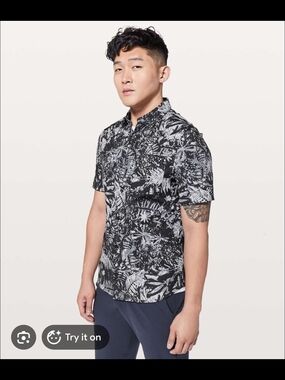 lululemon athletica All Town Short Sleeve Men's Black & Grey ButtonDown Shirt XS